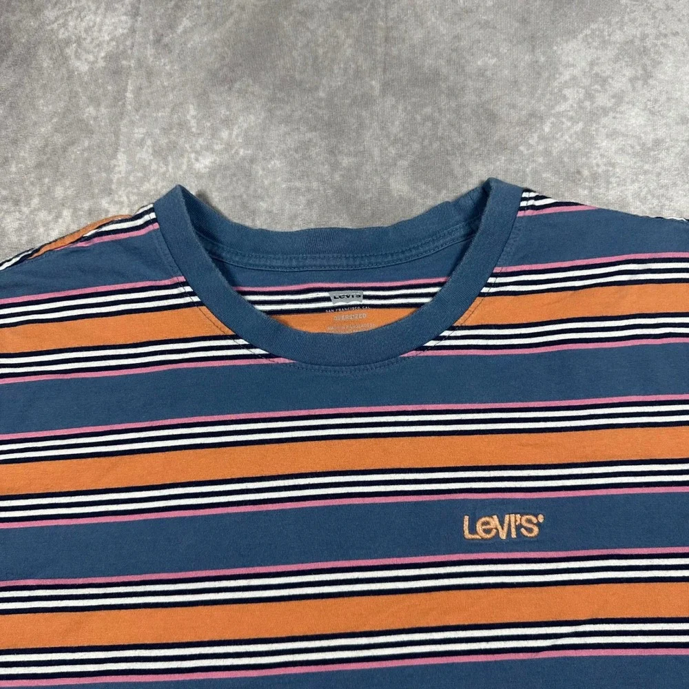 Levis Mens XL Oversized Striped T-Shirt Blue Orange Pink Crew Neck Retro Tee Y2K